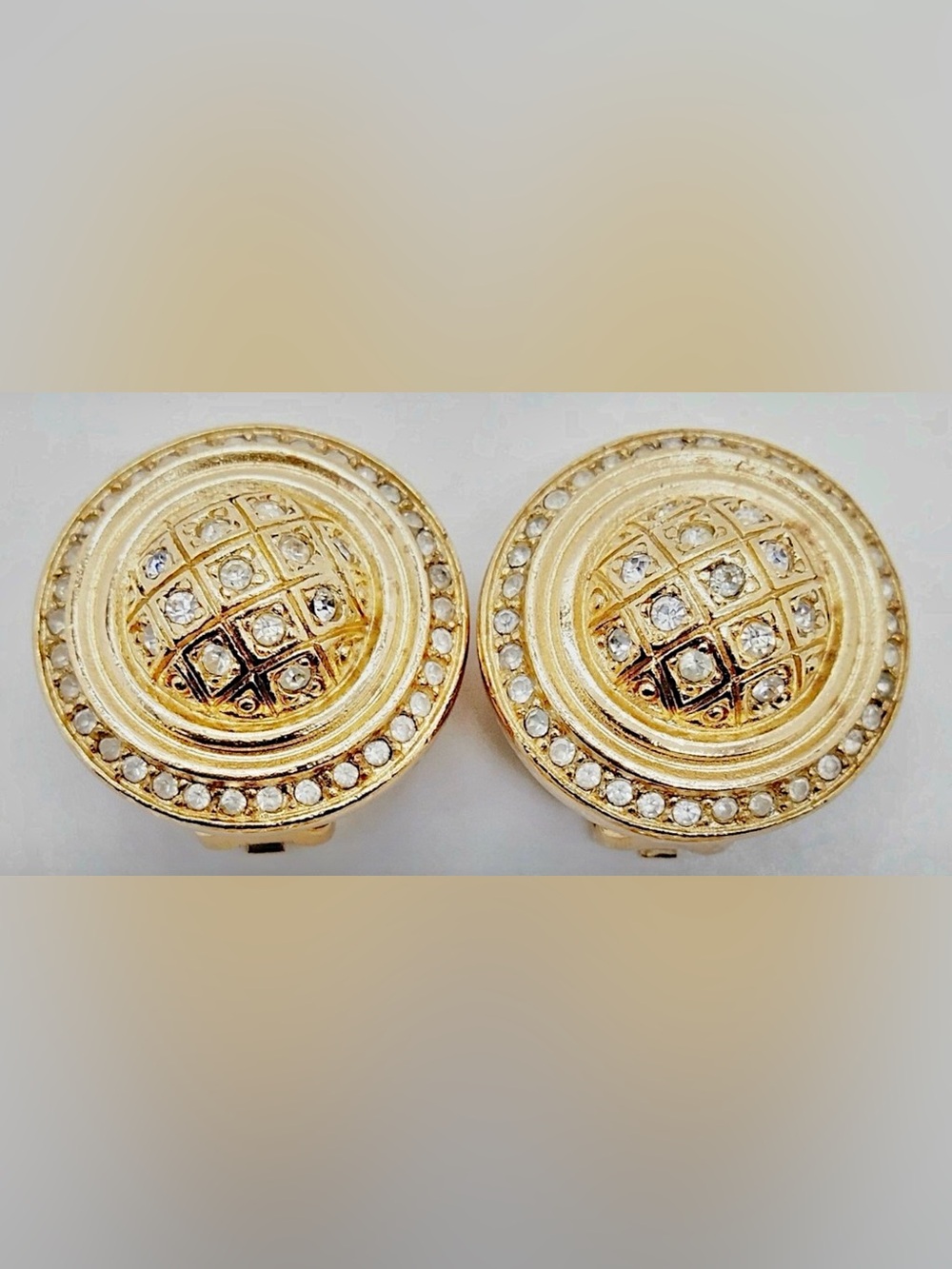 Dior Vintage Signed 18K Gold Plated Crystal XL Dome Clip-On Earrings